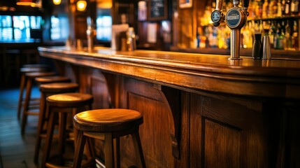 rustic wooden bar counter in dimly lit pub interior warm amber lighting highlighting wood grain empty bar stools awaiting patrons bottles silhouetted in background