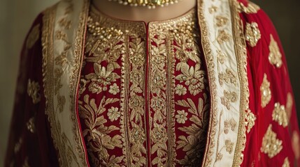 Exquisite red garment featuring detailed gold embroidery and ornate embellishments, showcasing traditional artistry and craftsmanship.