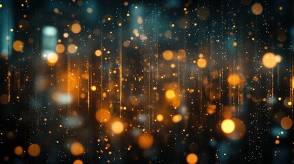 Obraz premium mesmerizing bokeh effect of city lights at night, golden and orange hues, floating particles resembling confetti, dreamy and atmospheric urban scene