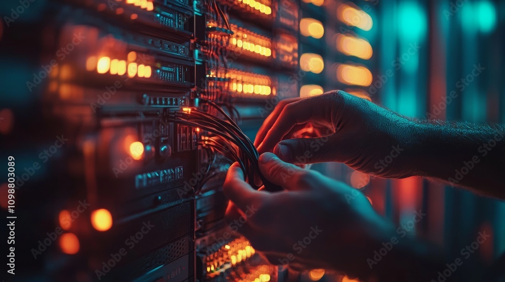 Poster technician working on server cables in data center