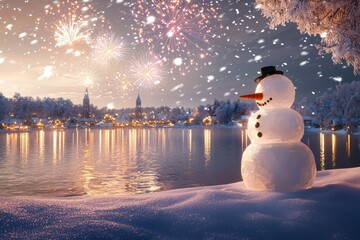 Fototapeta premium A Festive Snowman Surrounded by Colorful Fireworks and Enchanting Winter Splendor
