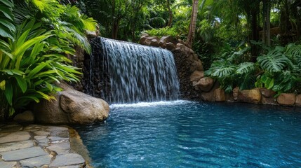 Serene tropical waterfall cascading into a crystal-clear pool, surrounded by lush greenery, perfect for relaxation and nature appreciation.