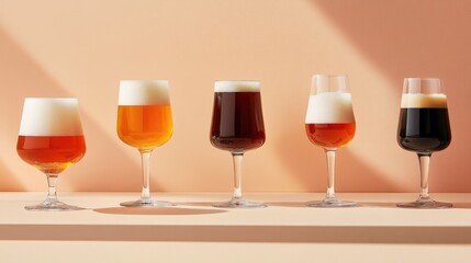 Assorted Craft Beers in Tulip Glasses Featuring Various Colors and Creamy Foamy Tops Against a Soft Peach Background