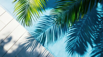Naklejka premium Shadow of Palm Leaves on Tiled Floor, Tropical Poolside Vibes