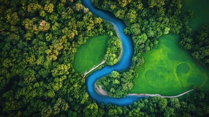 Fototapeta premium Aerial view of a meandering blue river flowing through lush green fields, highlighting the vibrant beauty of summer nature landscapes.