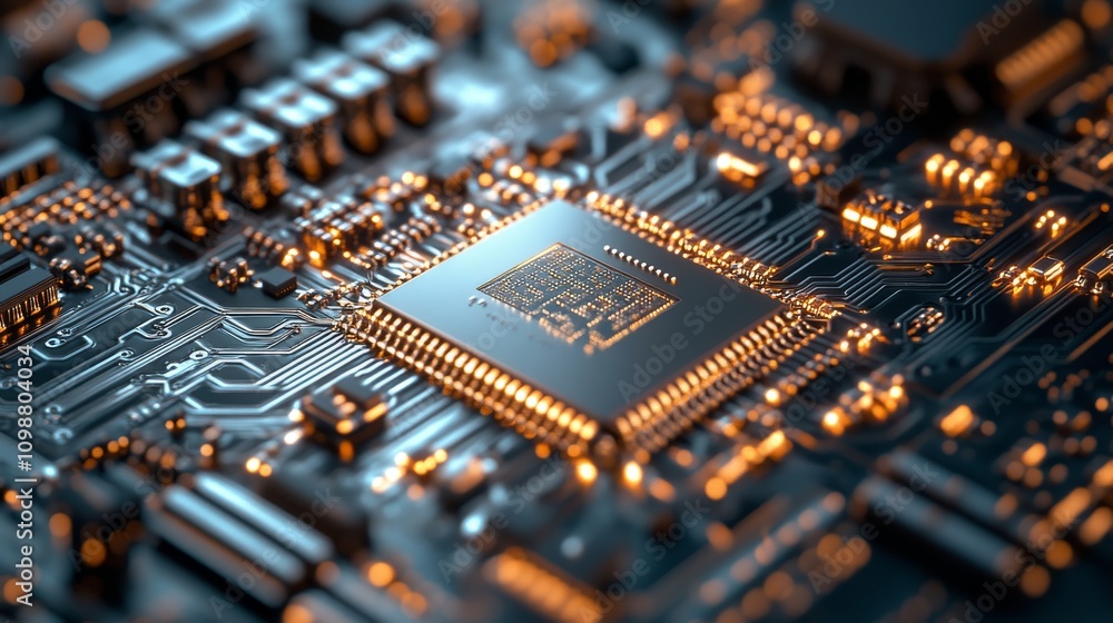 Poster close-up of a circuit board with golden microchip