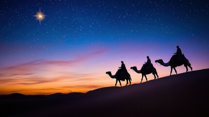three wise men following the star of bethlehem across a starry night sky. silhouettes of camels and riders against a backdrop of desert dunes. mystical and reverent atmosphere.