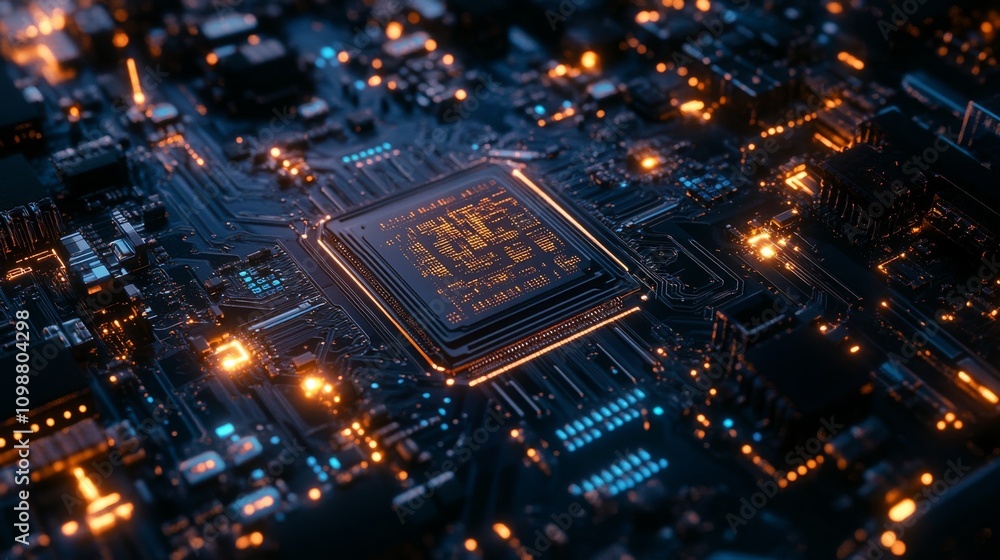 Poster intricate circuit board with glowing processor