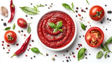 Tomato paste with pieces of vegetables, organic pure texture smeared, isolated on white, top view\