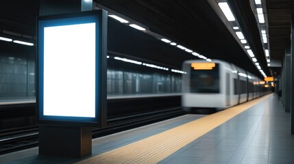 Fototapeta premium Contemporary train station platform featuring a vacant advertising board and a high-speed train in motion, emphasizing urban transit dynamics.