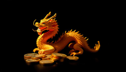 Fototapeta premium Golden Dragon Figurine with Coins on Black Background