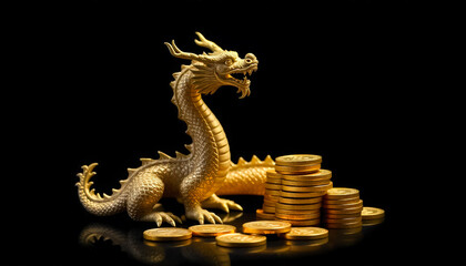 Fototapeta premium Golden Dragon Figurine with Coins on Black Background