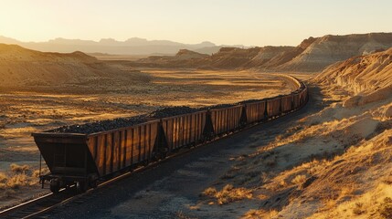 Coal-laden train cars winding through a vast, arid landscape bathed in the golden glow of a setting sun, with rugged hills in the background.