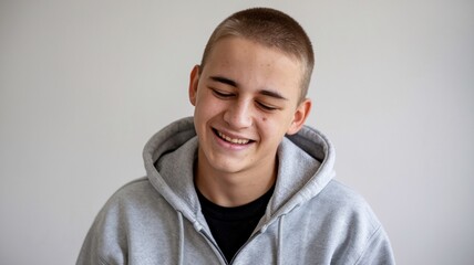 portrait of a teenage boy in a gray hoodie