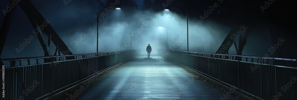 Poster A person walks alone across a desolate bridge surrounded by dense fog and illuminated by bright streetlights, capturing a quiet, eerie atmosphere. Generative AI