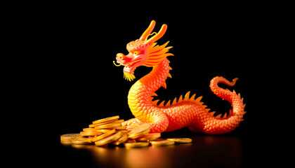Fototapeta premium Golden Dragon Figurine with Coins on Black Background