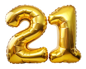 golden neon holografic foil balloon for birthday in the shape of the number 21, isolated on the white background