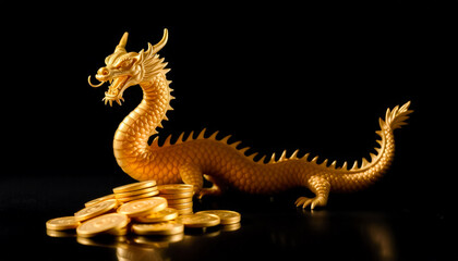 Fototapeta premium Golden Dragon Figurine with Coins on Black Background