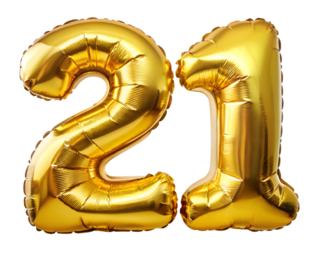 golden neon holografic foil balloon for birthday in the shape of the number 21, isolated on the white background