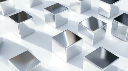 Obraz premium Mirrored shapes in polished silver steel with contrasting shadows and caustics. Simple square shapes over white background.