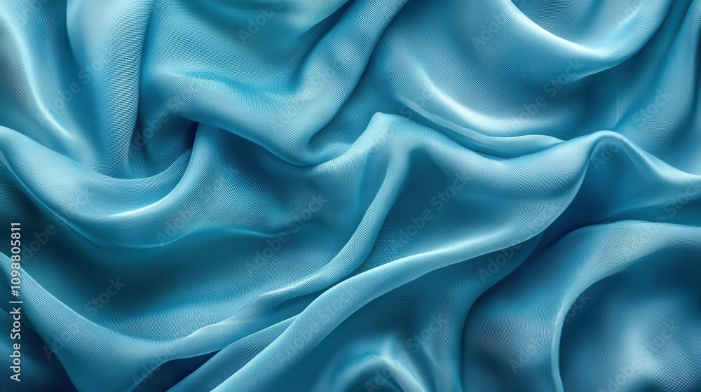 Poster stract turquoise blue background of drapery layers and folded textile ruffle, flowing fabric macro, 
