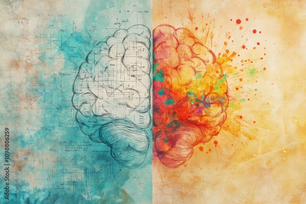 Leinwandbilder half of the brain illustrates logical thinking with structured designs, while the other half bursts 