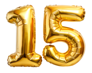 golden neon holografic foil balloon for birthday in the shape of the number  15  , isolated on the white background