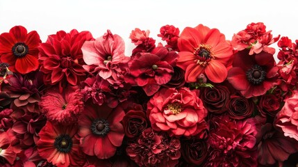 vibrant bouquet showcasing various shades of red flowers. dramatic lighting emphasizes textures and intricate petals. crisp white background for striking contrast. botanical elegance in full bloom