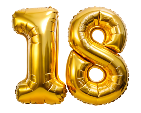 golden neon holografic foil balloon for birthday in the shape of the number  18  , isolated on the white background