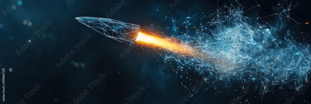 Poster dynamic rocket launch represented by abstract polygonal wireframe, highlighting advancements in tech