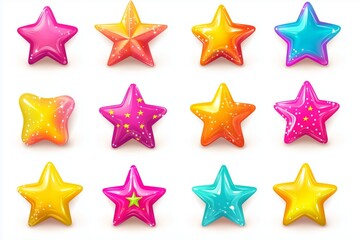 Obraz premium Set of colorful stars. Collection of realistic 3D multicolored vector star shapes on white background. Vector illustration 