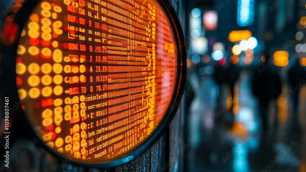 Poster the image focuses on a round, illuminated display showing a stream of financial numbers and data, po