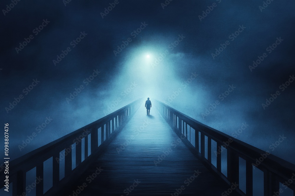 Aufkleber a lone figure strolls down a lengthy bridge engulfed in fog under a bright light during a tranquil e