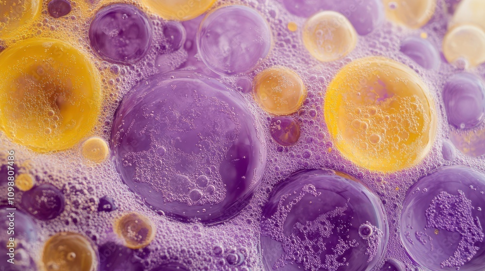 Poster paint is dispersed in purple and yellow soap bubbles to create abstract patterns that add depth and 
