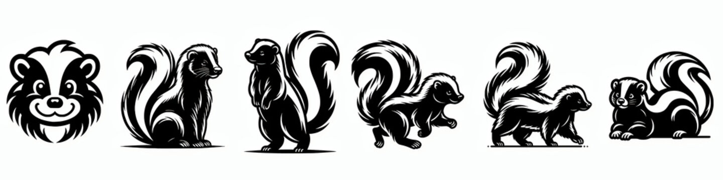 Set of skunk silhouette vector illustration, forest animal clip art design element