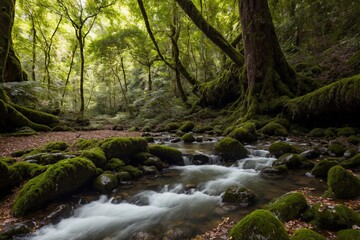 Obraz premium A serene and untouched forest bathed in the soft golden light of the late afternoon. Towering trees with thick trunks stretch high above, their lush green leaves forming a vibrant canopy that filters 