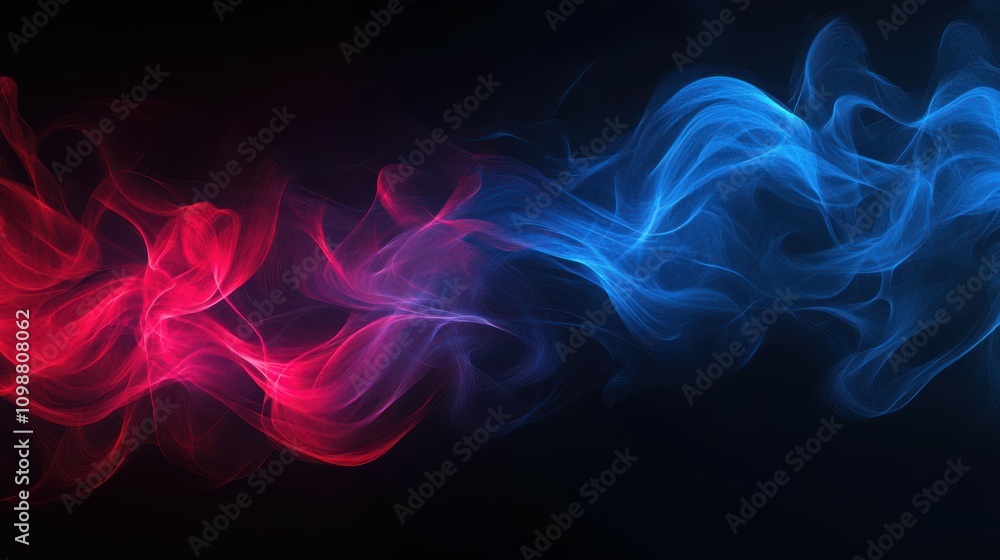 Poster waveforms in blue and red, with a dark background, creating an ethereal and dynamic visual.