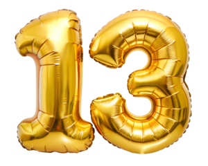 golden neon holografic foil balloon for birthday in the shape of the number  13  , isolated on the white background