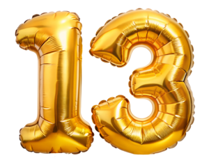 golden neon holografic foil balloon for birthday in the shape of the number  13  , isolated on the white background