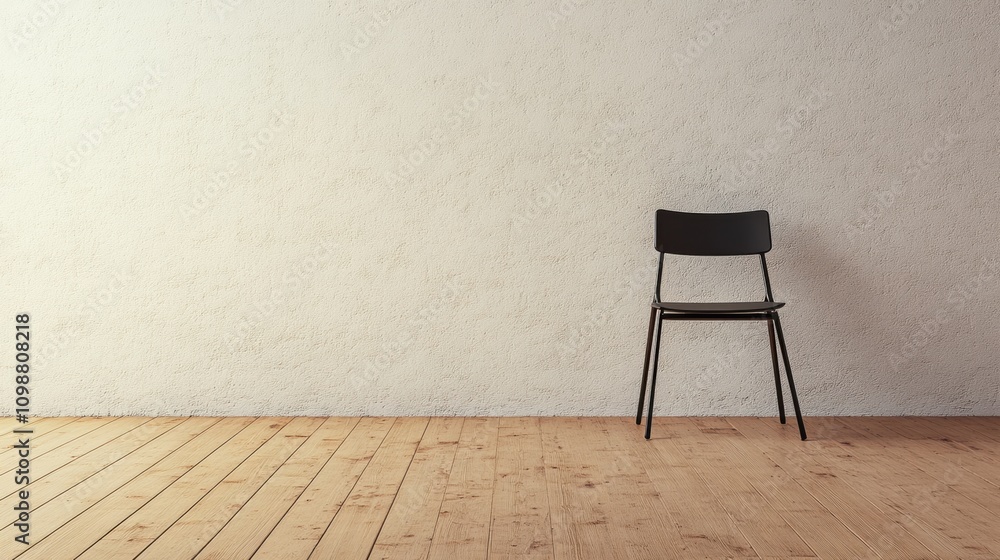 Poster The room features wooden floors and a single chair resting against a plain wall, creating a serene atmosphere perfect for reflection. Generative AI