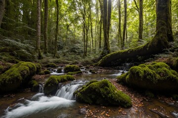 Obraz premium A serene and untouched forest bathed in the soft golden light of the late afternoon. Towering trees with thick trunks stretch high above, their lush green leaves forming a vibrant canopy that filters 