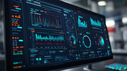 Fototapeta premium A computer monitor displaying data analysis software with graphs, charts, and code, set in a contemporary workspace with soft lighting