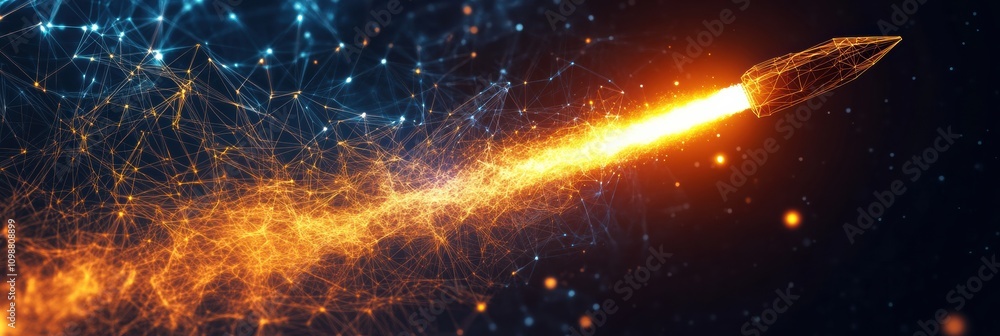 Fototapete A polygonal wireframe rocket launches with a fiery trail, symbolizing innovation and technological progress in a digital cosmos. Generative AI