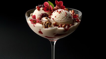 A creative presentation of H&Atilde;&curren;agen-Dazs ice cream in a martini glass with edible flowers, isolate on a rich black background, premium and elegant.