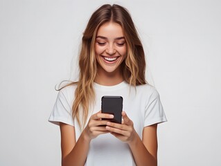 Naklejka premium Happy woman using cell phone white background