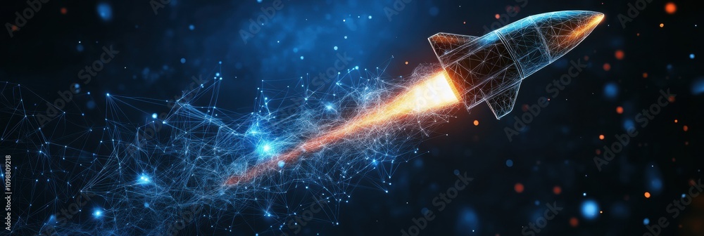 Fototapete A wireframe rocket launches into space, surrounded by a burst of colorful particles and a cosmic background, symbolizing innovation and technology. Generative AI