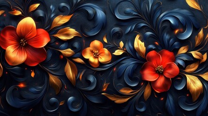 A vibrant floral design featuring bold red and gold flowers against a dark background, Ideal for use in invitations, wallpapers, or branding materials, adding an elegant touch to various projects,