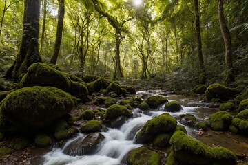 Obraz premium A serene and untouched forest bathed in the soft golden light of the late afternoon. Towering trees with thick trunks stretch high above, their lush green leaves forming a vibrant canopy that filters 
