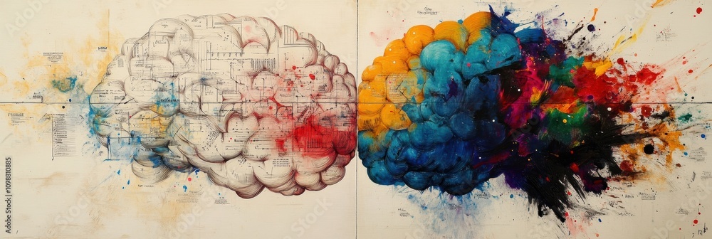 Fototapete this artwork shows a brain split into grayscale and vibrant colors, symbolizing the blend of creativ