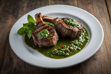 A Grilled Lamb Chops with Mint Chimichurri. Serve the lamb chops hot, topped with the fresh Mint Chimichurri sauce